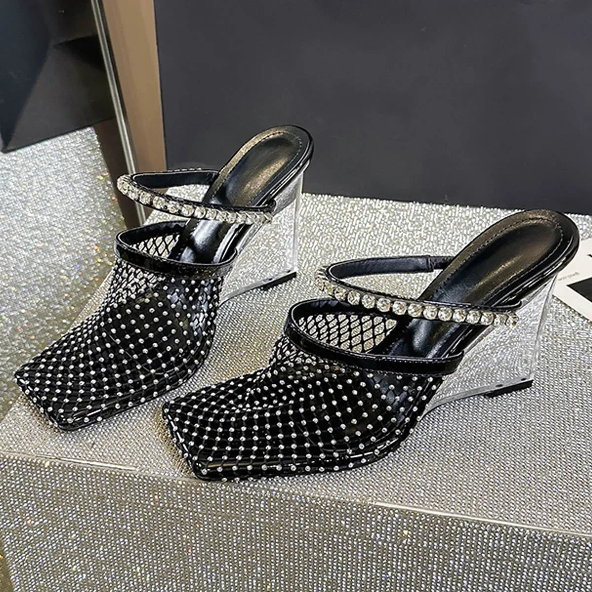 Crystal Mesh Square Toe Rhinestone Transparent Wedges Hollow Out High Heels