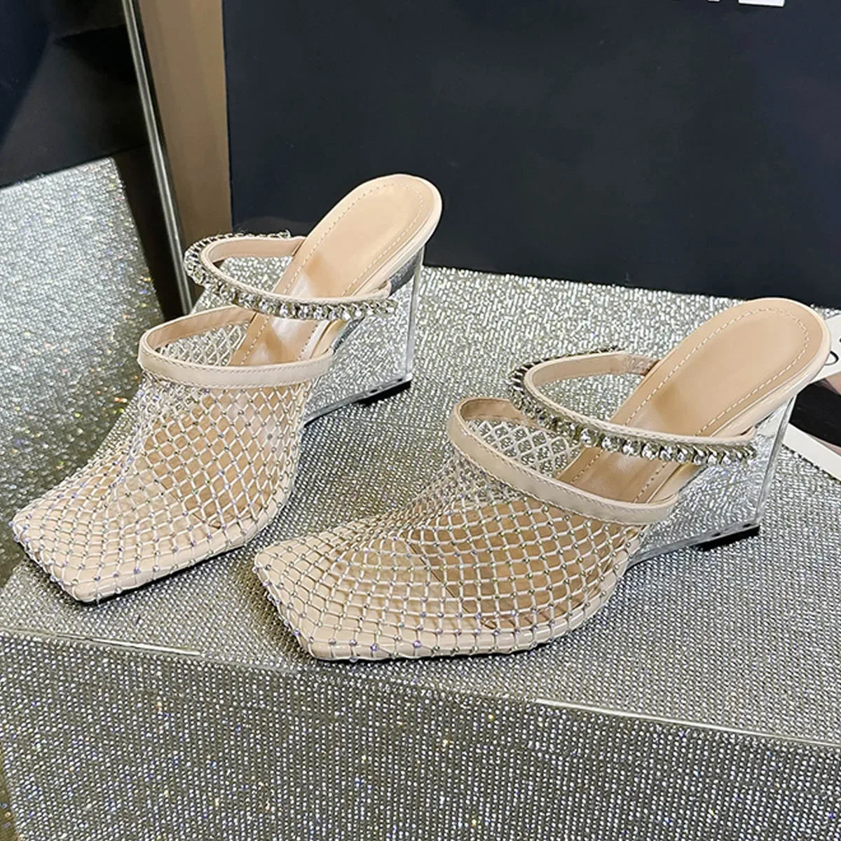 Crystal Mesh Square Toe Rhinestone Transparent Wedges Hollow Out High Heels