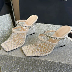 Crystal Mesh Square Toe Rhinestone Transparent Wedges Hollow Out High Heels