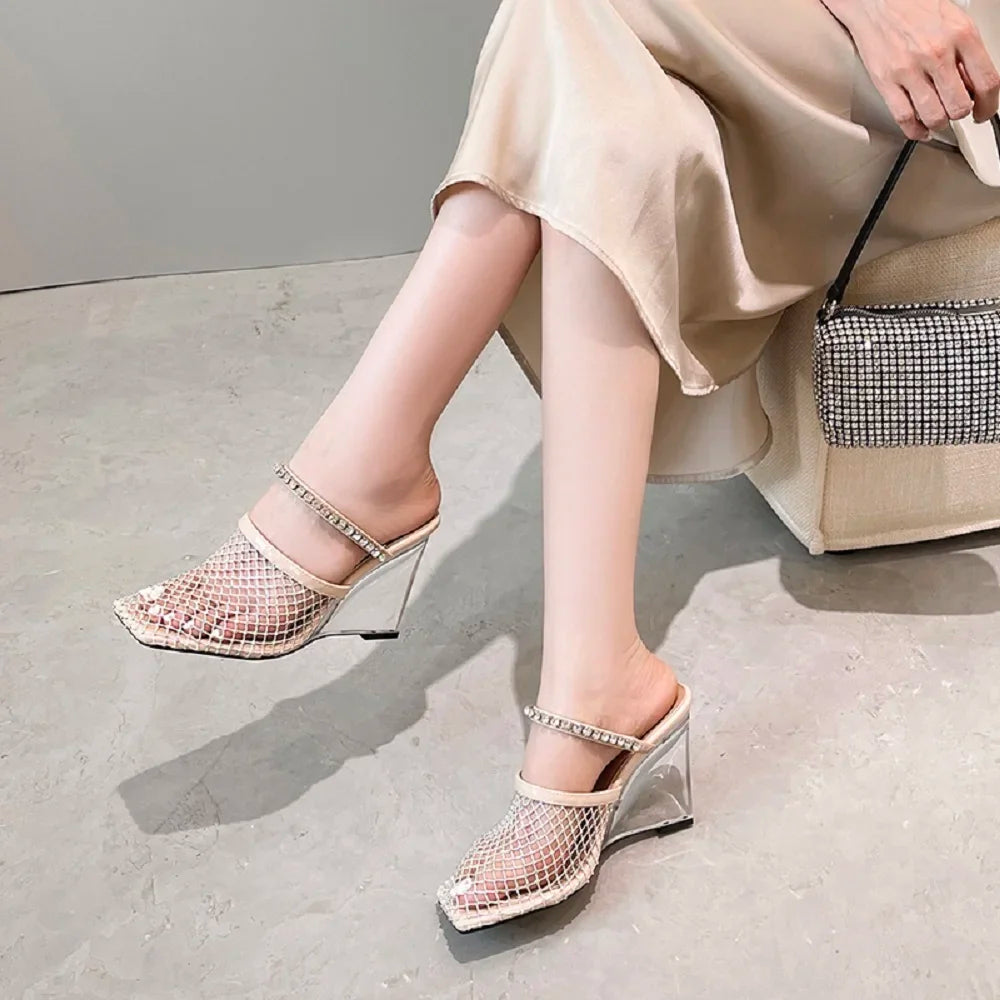 Crystal Mesh Square Toe Rhinestone Transparent Wedges Hollow Out High Heels
