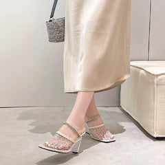 Crystal Mesh Square Toe Rhinestone Transparent Wedges Hollow Out High Heels