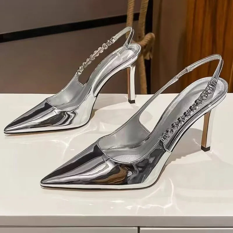 Crystal Metallic Pointy Toe Stiletto Heeled Party Dress Shoes Sandals
