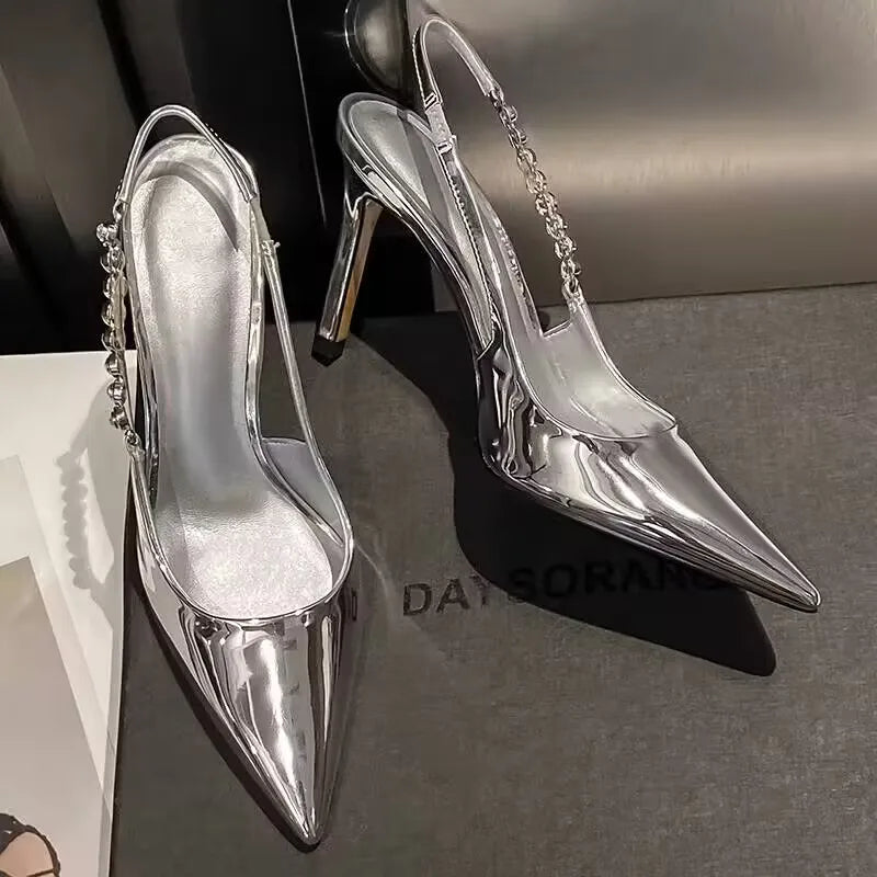 Crystal Metallic Pointy Toe Stiletto Heeled Party Dress Shoes Sandals