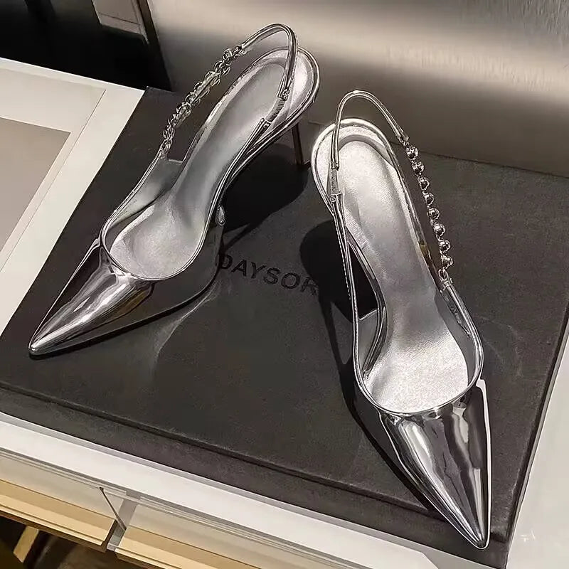 Crystal Metallic Pointy Toe Stiletto Heeled Party Dress Shoes Sandals