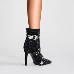 Crystal Microfiber Rivet Pointed Toe Zippers High Thin Heels Ankle Boots