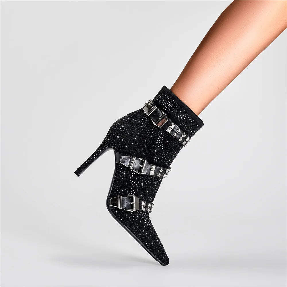 Crystal Microfiber Rivet Pointed Toe Zippers High Thin Heels Ankle Boots