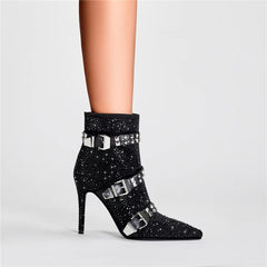 Crystal Microfiber Rivet Pointed Toe Zippers High Thin Heels Ankle Boots