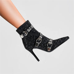 Crystal Microfiber Rivet Pointed Toe Zippers High Thin Heels Ankle Boots