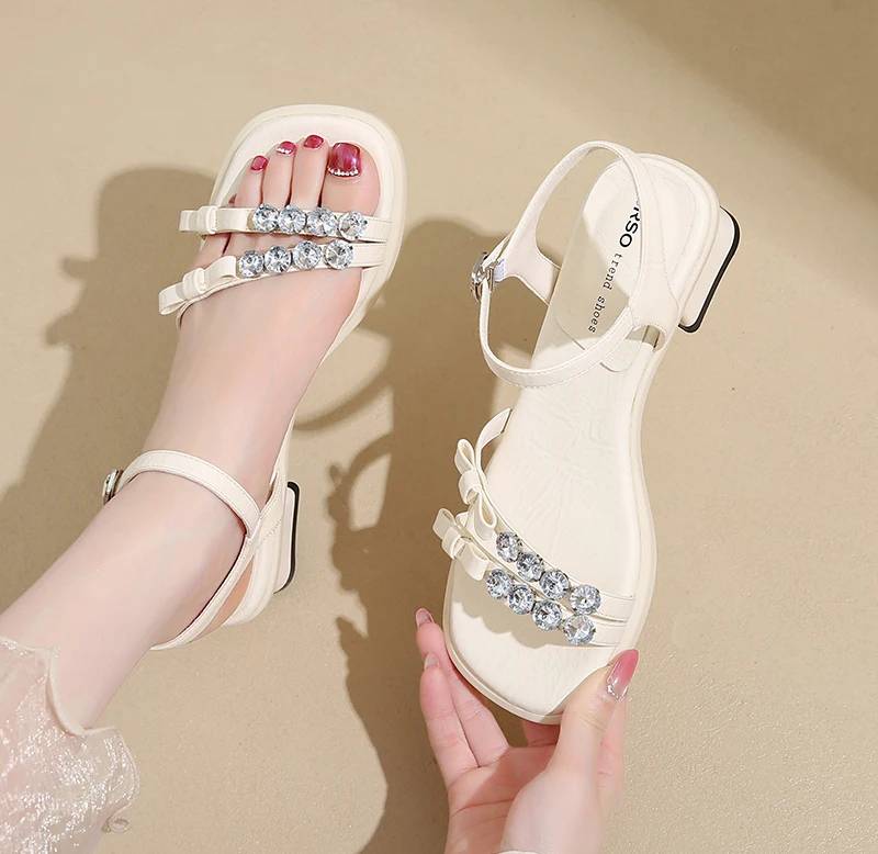Crystal Narrow Band Back Strap Outdoor Thick Heel Sandals