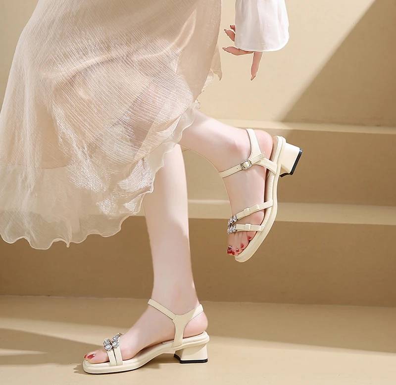Crystal Narrow Band Back Strap Outdoor Thick Heel Sandals