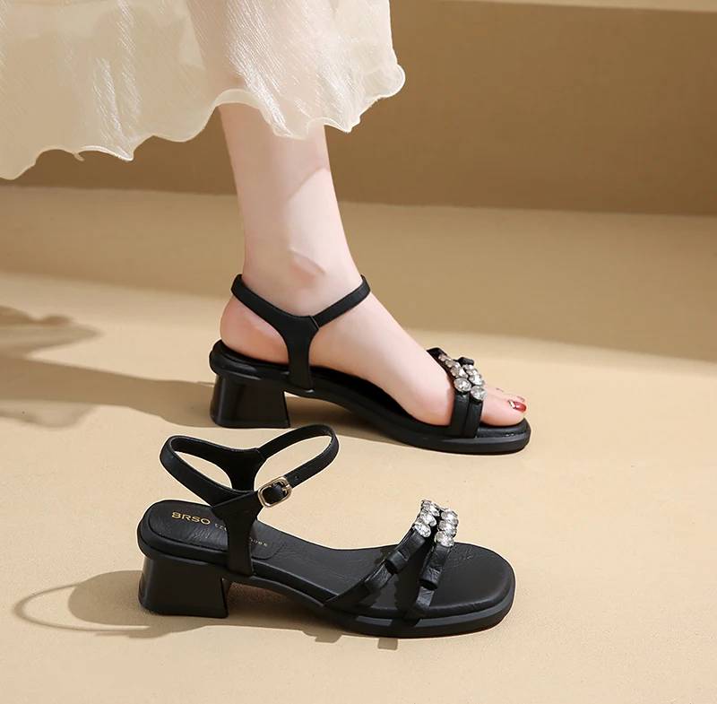 Crystal Narrow Band Back Strap Outdoor Thick Heel Sandals