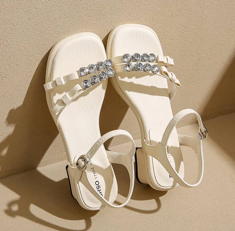 Crystal Narrow Band Back Strap Outdoor Thick Heel Sandals