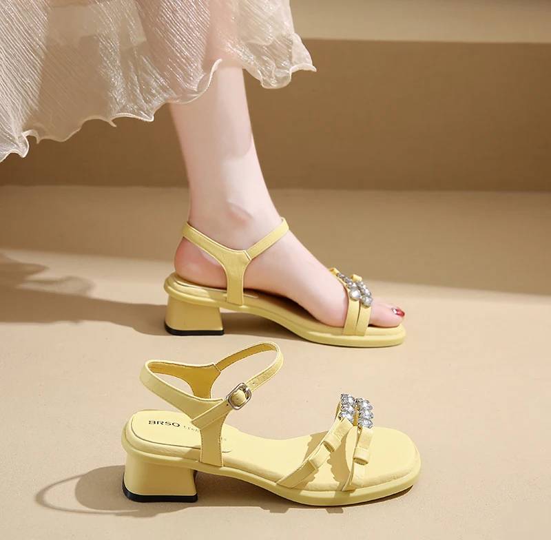 Crystal Narrow Band Back Strap Outdoor Thick Heel Sandals