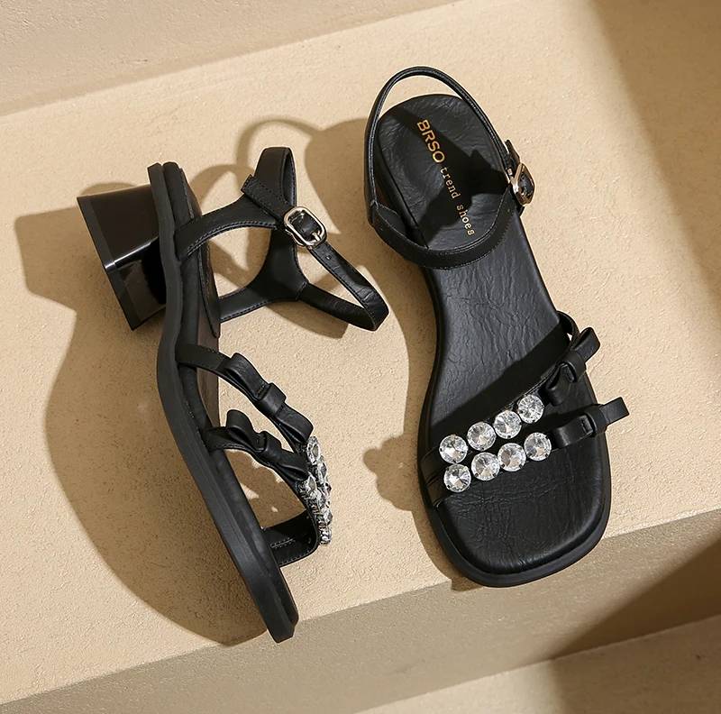 Crystal Narrow Band Back Strap Outdoor Thick Heel Sandals