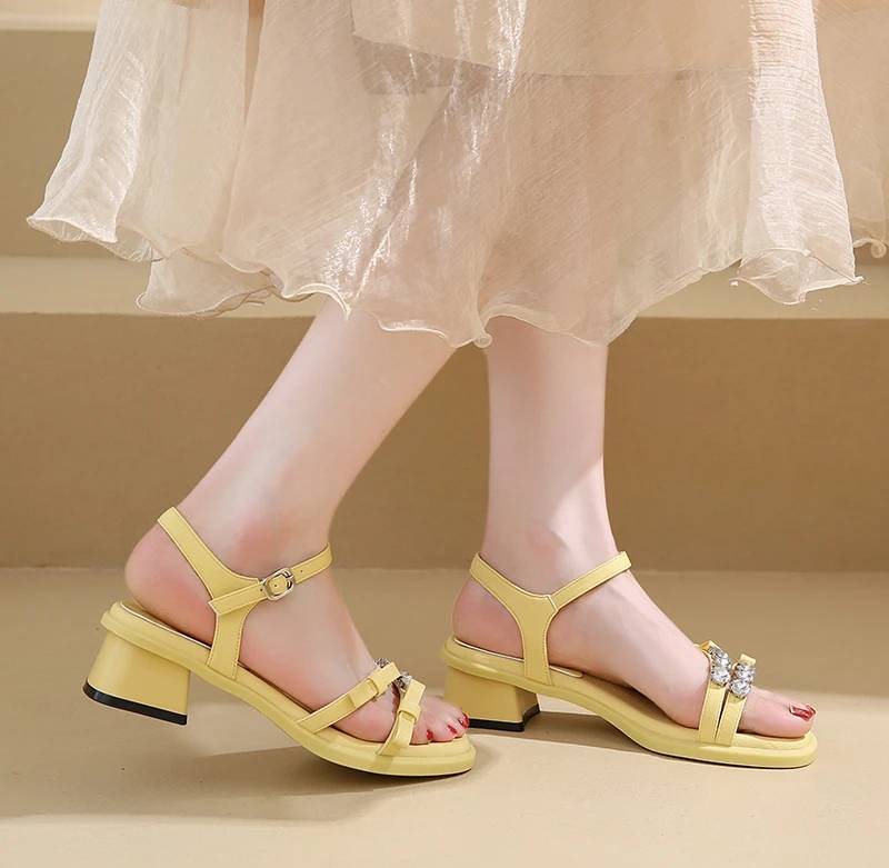 Crystal Narrow Band Back Strap Outdoor Thick Heel Sandals