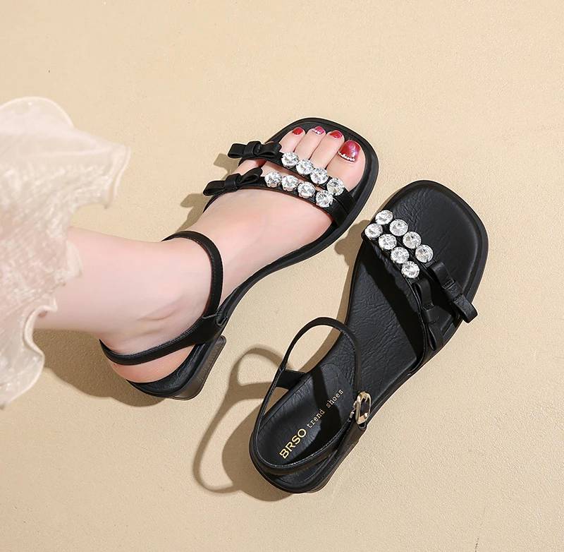 Crystal Narrow Band Back Strap Outdoor Thick Heel Sandals