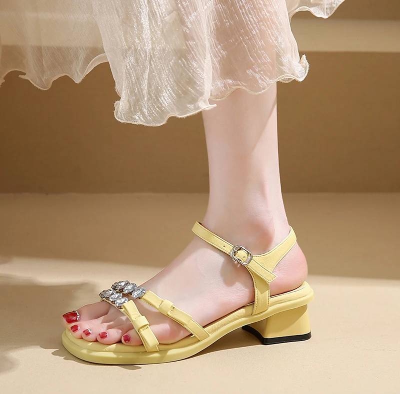 Crystal Narrow Band Back Strap Outdoor Thick Heel Sandals