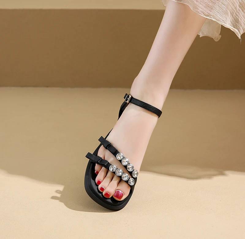 Crystal Narrow Band Back Strap Outdoor Thick Heel Sandals