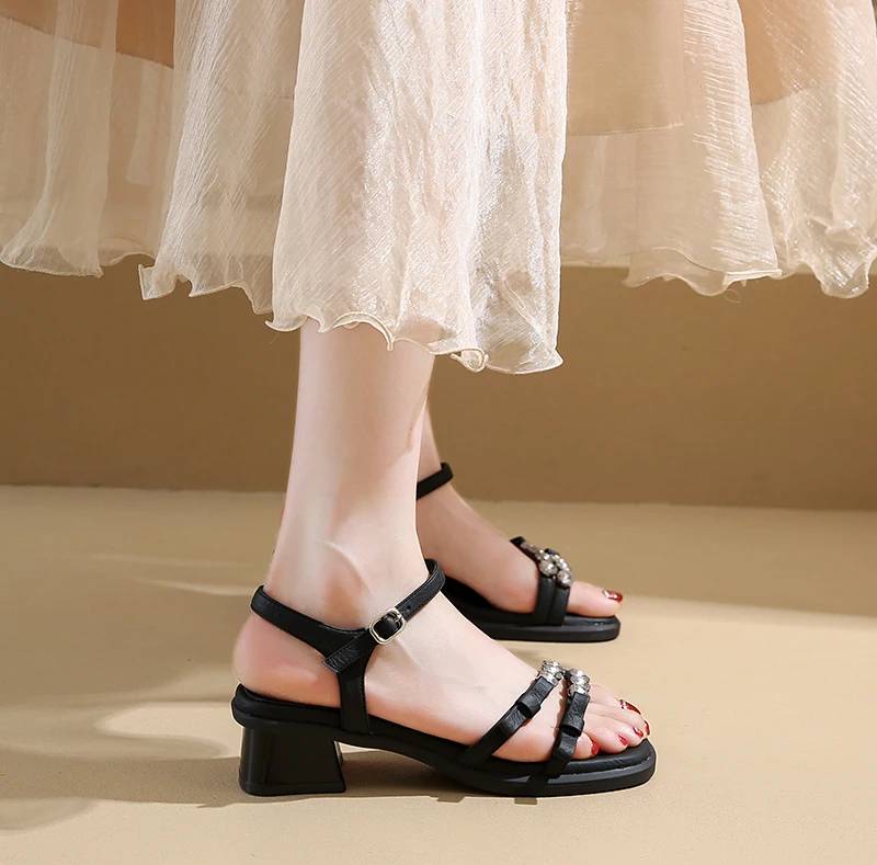 Crystal Narrow Band Back Strap Outdoor Thick Heel Sandals