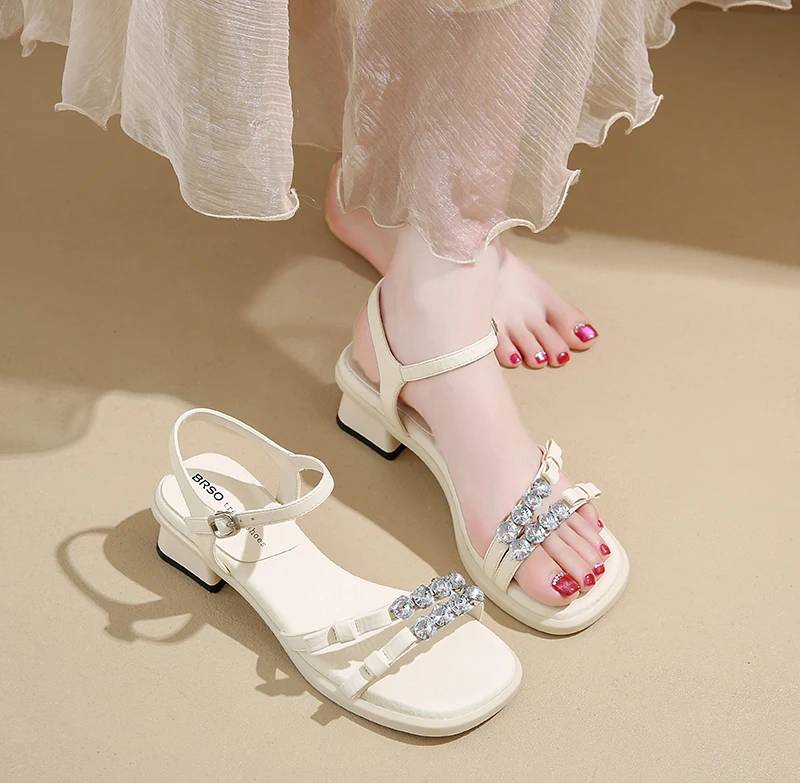 Crystal Narrow Band Back Strap Outdoor Thick Heel Sandals