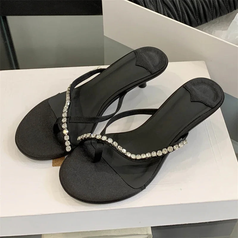 Crystal Narrow Band Clip Toe Low Flip Flops Slide Thin Heels Slippers