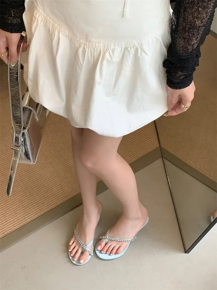 Crystal Narrow Band Clip Toe Low Flip Flops Slide Thin Heels Slippers