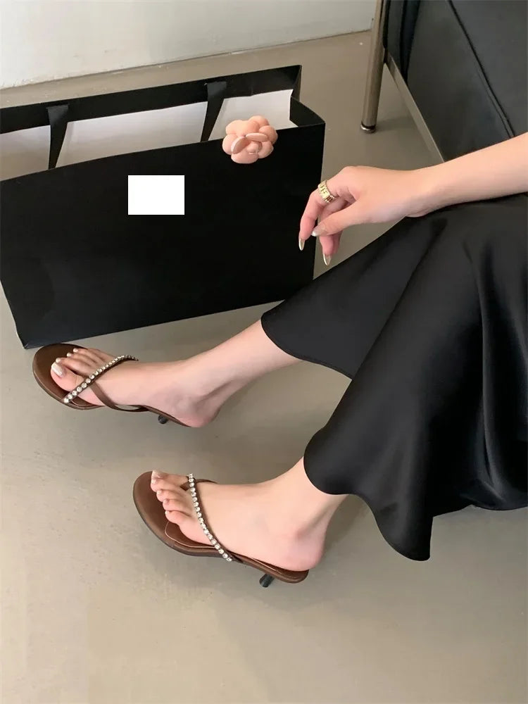 Crystal Narrow Band Clip Toe Low Flip Flops Slide Thin Heels Slippers