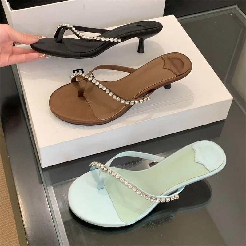 Crystal Narrow Band Clip Toe Low Flip Flops Slide Thin Heels Slippers