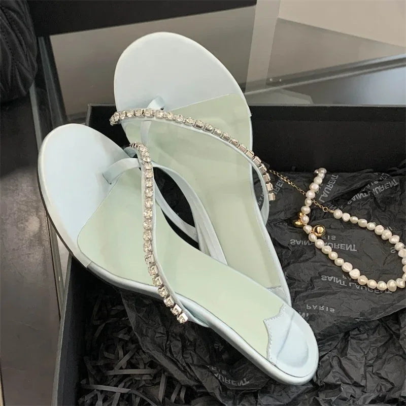 Crystal Narrow Band Clip Toe Low Flip Flops Slide Thin Heels Slippers