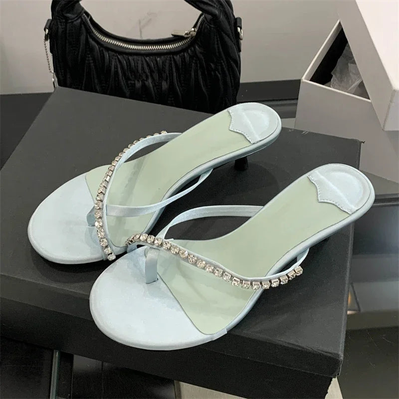 Crystal Narrow Band Clip Toe Low Flip Flops Slide Thin Heels Slippers
