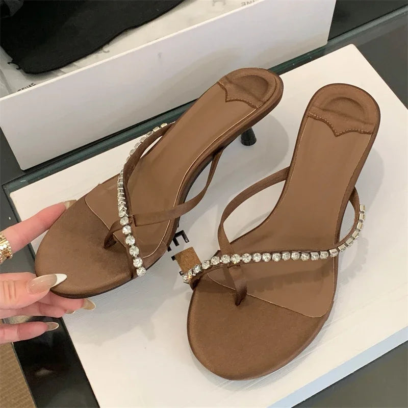 Crystal Narrow Band Clip Toe Low Flip Flops Slide Thin Heels Slippers