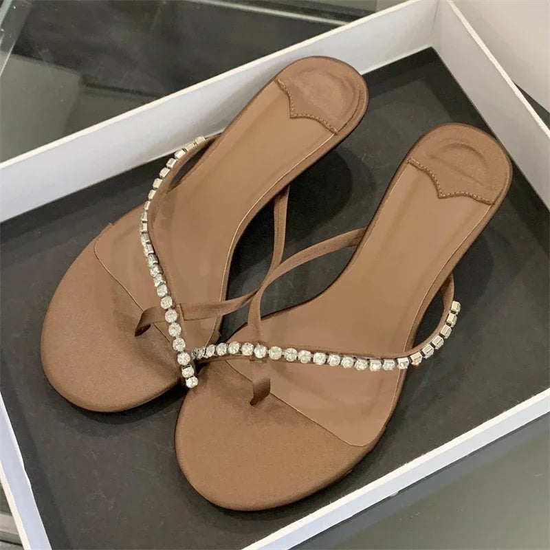 Crystal Narrow Band Clip Toe Low Flip Flops Slide Thin Heels Slippers