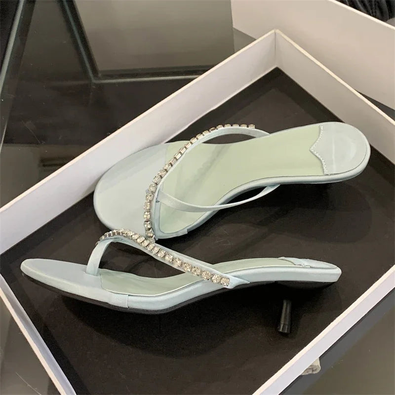 Crystal Narrow Band Clip Toe Low Flip Flops Slide Thin Heels Slippers