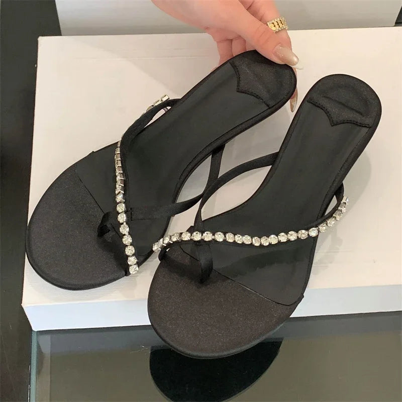Crystal Narrow Band Clip Toe Low Flip Flops Slide Thin Heels Slippers