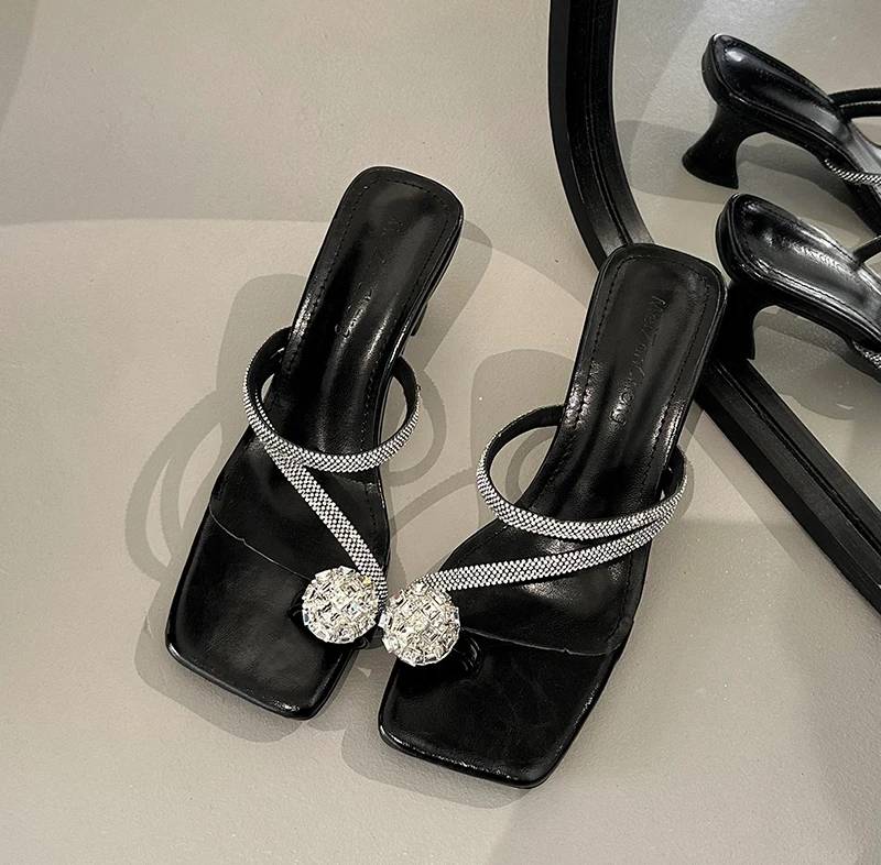 Crystal Narrow Band Street Style High Heel Slides Sandal