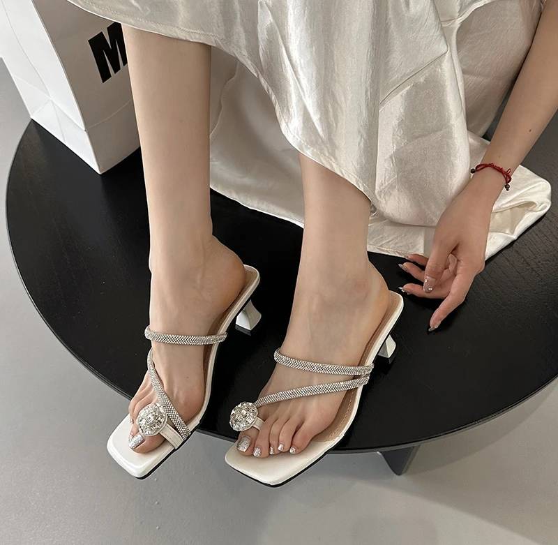 Crystal Narrow Band Street Style High Heel Slides Sandal