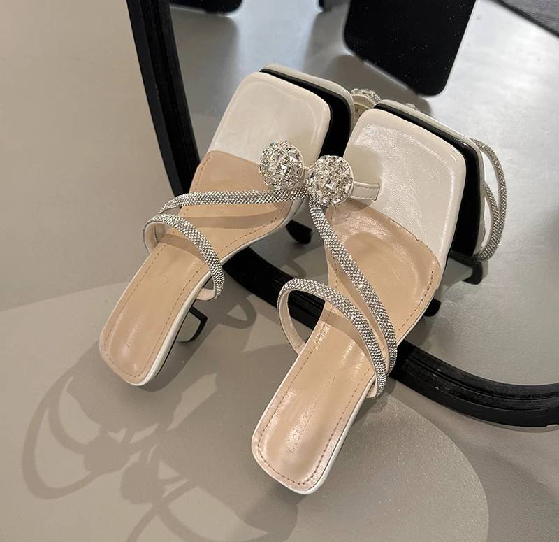 Crystal Narrow Band Street Style High Heel Slides Sandal
