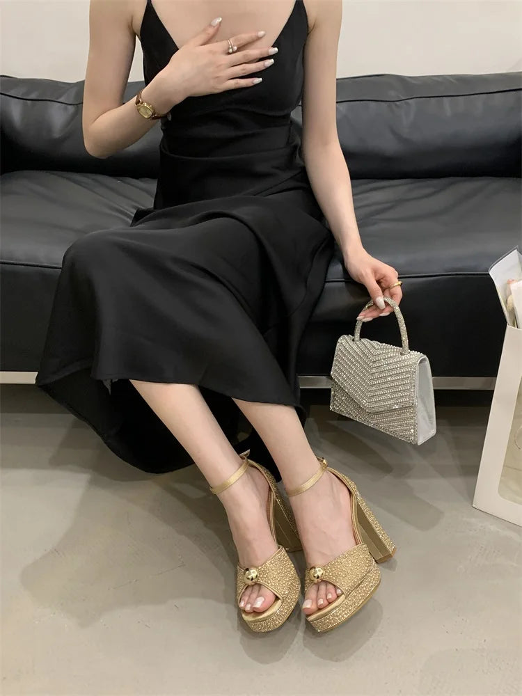 Crystal Pearl Buckle Strap Platform Square Toe Stripper High Heels Sandals