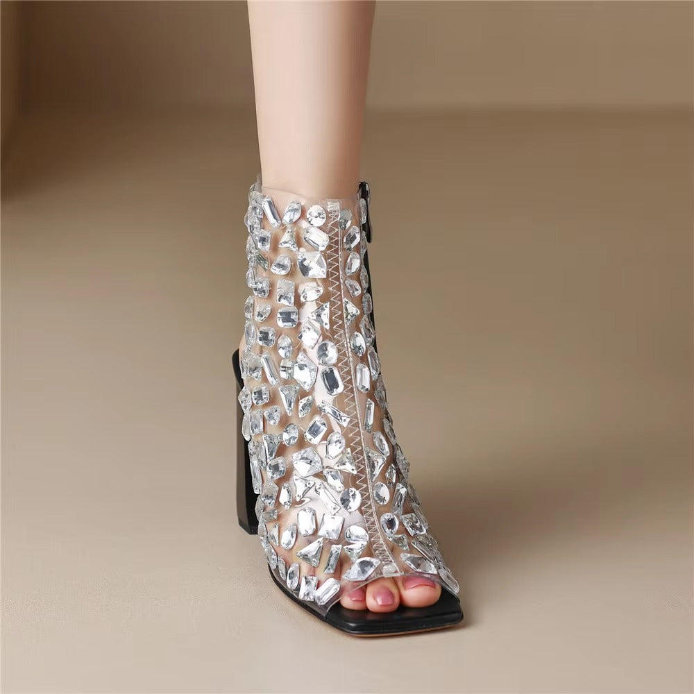 Crystal Pvc Slingback Thick Heels Peep Toe Dress Party Sandals Shoes