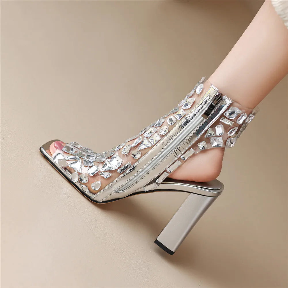 Crystal Pvc Slingback Thick Heels Peep Toe Dress Party Sandals Shoes