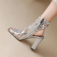 Crystal Pvc Slingback Thick Heels Peep Toe Dress Party Sandals Shoes