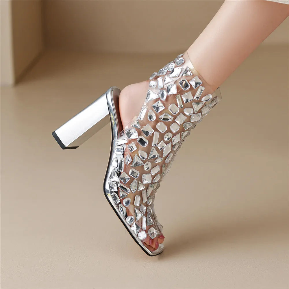 Crystal Pvc Slingback Thick Heels Peep Toe Dress Party Sandals Shoes