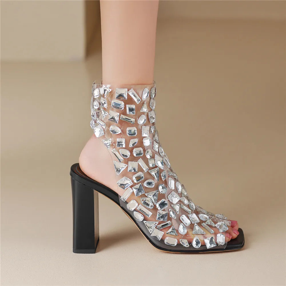 Crystal Pvc Slingback Thick Heels Peep Toe Dress Party Sandals Shoes