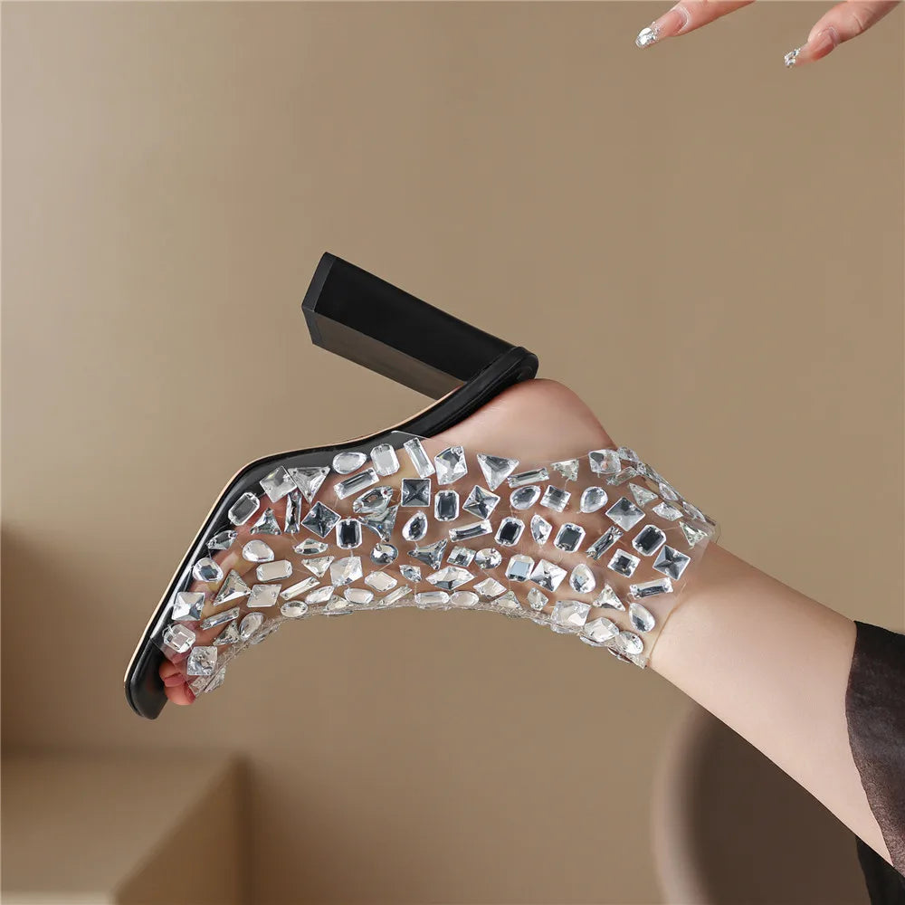 Crystal Pvc Slingback Thick Heels Peep Toe Dress Party Sandals Shoes