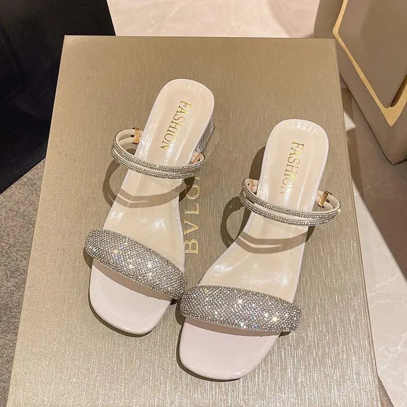 Crystal Rhinestone Stylish Open Toe Mules Square Heel Sandals