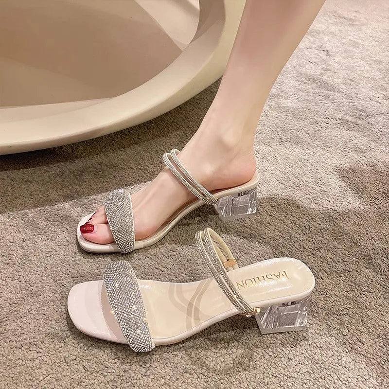 Crystal Rhinestone Stylish Open Toe Mules Square Heel Sandals