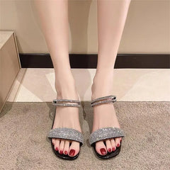 Crystal Rhinestone Stylish Open Toe Mules Square Heel Sandals