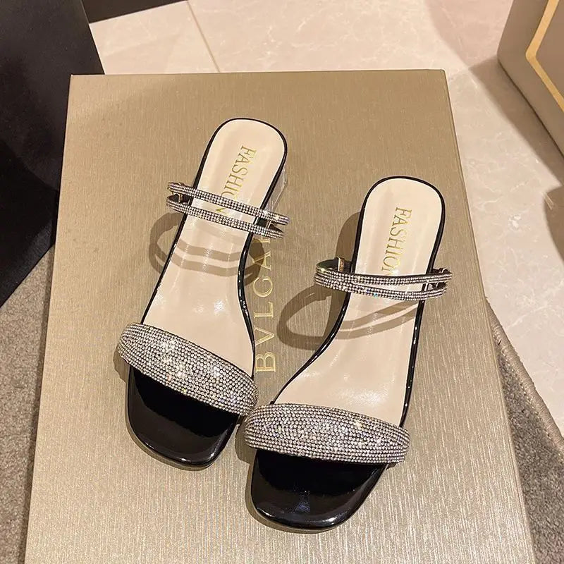 Crystal Rhinestone Stylish Open Toe Mules Square Heel Sandals