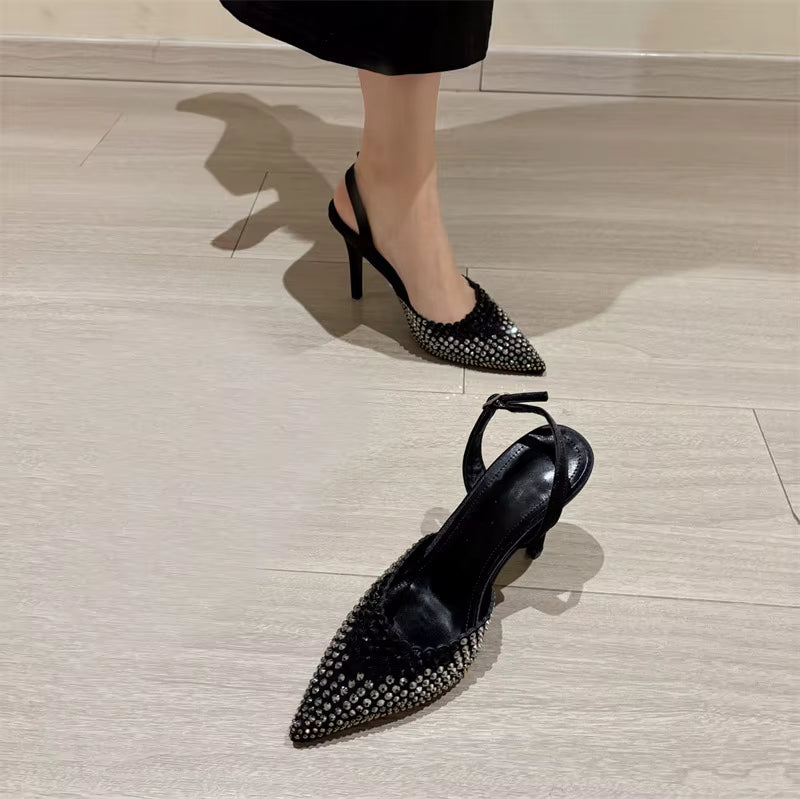 Crystal Rhinestone Pointed Toe Back Buckle Strap High Heels Mules Sandals