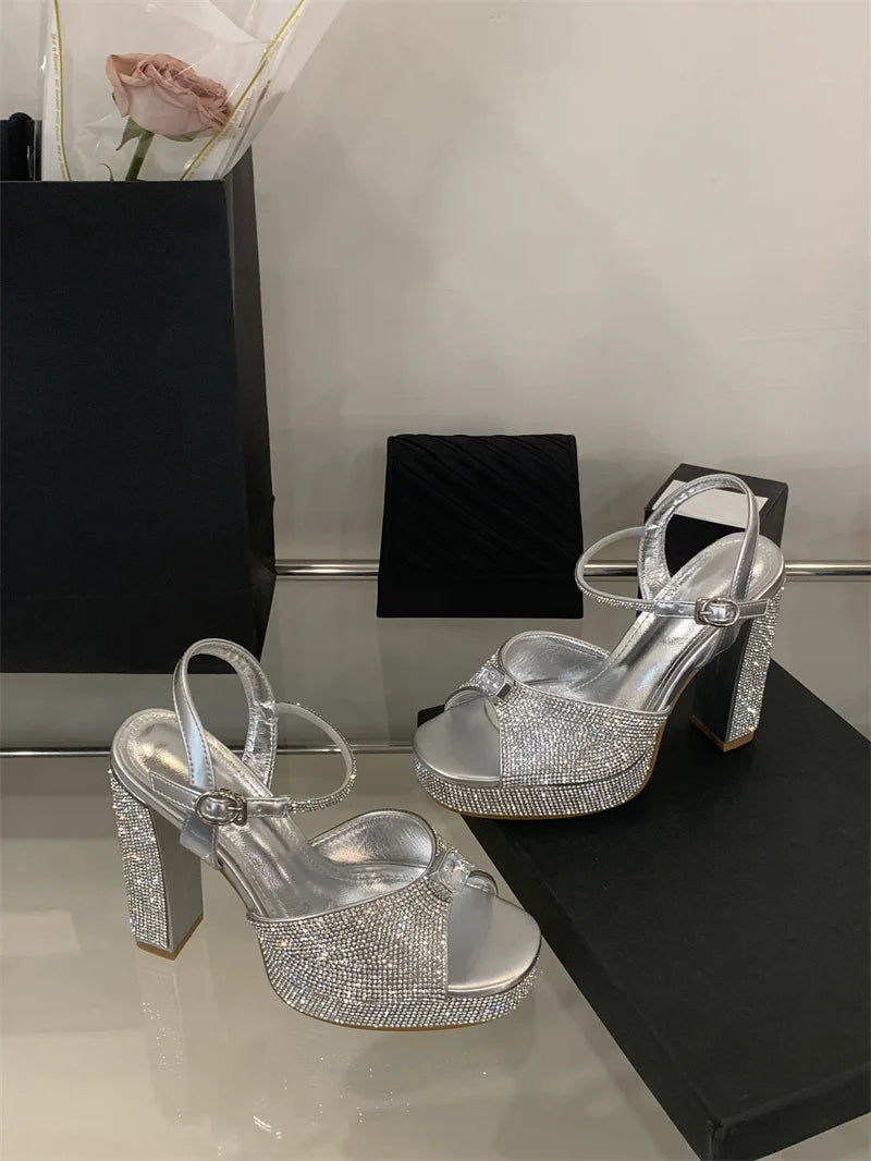 Crystal Rhinestone Wedding Party Square Toe High Heels Sandals